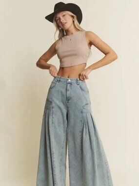 Denim Wide Leg Flared Pants